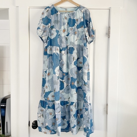 Loft Puff Sleeve Poppy Print Tiered Midi Dress - S - Picture 5 of 7